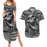 Black and White Metallica Skull Couples Matching Summer Maxi Dress and Hawaiian Shirt - Wonder Print Shop