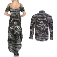 Black and White Metallica Skull Couples Matching Summer Maxi Dress and Long Sleeve Button Shirts - Wonder Print Shop