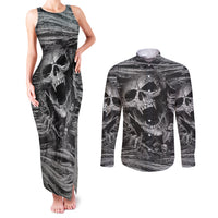 Black and White Metallica Skull Couples Matching Tank Maxi Dress and Long Sleeve Button Shirts - Wonder Print Shop