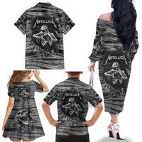 Black and White Metallica Skull Family Matching Off Shoulder Long Sleeve Dress and Hawaiian Shirt - Wonder Print Shop