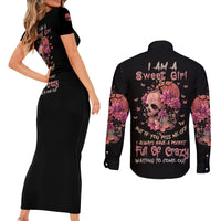 I Am A Sweet Girl Flower Skull Couples Matching Short Sleeve Bodycon Dress and Long Sleeve Button Shirt - Wonder Print Shop