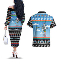 Unicorn Pew Pew Christmas Couples Matching Off The Shoulder Long Sleeve Dress and Hawaiian Shirt Xmas Holiday Patterns - Wonder Print Shop