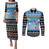 Unicorn Pew Pew Christmas Couples Matching Puletasi and Long Sleeve Button Shirt Xmas Holiday Patterns - Wonder Print Shop