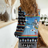 Unicorn Pew Pew Christmas Women Casual Shirt Xmas Holiday Patterns - Wonder Print Shop