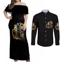I Am The Storm Reaper Sunflower Roses Wings Couples Matching Off Shoulder Maxi Dress and Long Sleeve Button Shirt - Wonder Print Shop