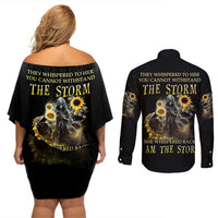 I Am The Storm Reaper Sunflower Roses Wings Couples Matching Off Shoulder Short Dress and Long Sleeve Button Shirt - Wonder Print Shop