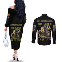I Am The Storm Reaper Sunflower Roses Wings Couples Matching Off The Shoulder Long Sleeve Dress and Long Sleeve Button Shirt TS04