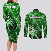 Personalized Darts Lightning Green Storm Couples Matching Long Sleeve Bodycon Dress and Long Sleeve Button Shirt with Electric Energy Pattern and Dartboard Graphics - Wonder Print Shop