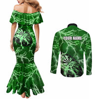 Personalized Darts Lightning Green Storm Couples Matching Mermaid Dress and Long Sleeve Button Shirt with Electric Energy Pattern and Dartboard Graphics - Wonder Print Shop