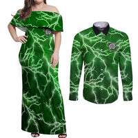 Personalized Darts Lightning Green Storm Couples Matching Off Shoulder Maxi Dress and Long Sleeve Button Shirt with Electric Energy Pattern and Dartboard Graphics - Wonder Print Shop