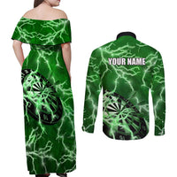 Personalized Darts Lightning Green Storm Couples Matching Off Shoulder Maxi Dress and Long Sleeve Button Shirt with Electric Energy Pattern and Dartboard Graphics - Wonder Print Shop