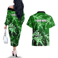 Personalized Darts Lightning Green Storm Couples Matching Off The Shoulder Long Sleeve Dress and Hawaiian Shirt with Electric Energy Pattern and Dartboard Graphics - Wonder Print Shop