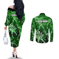 Personalized Darts Lightning Green Storm Couples Matching Off The Shoulder Long Sleeve Dress and Long Sleeve Button Shirt with Electric Energy Pattern and Dartboard Graphics - Wonder Print Shop