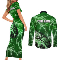 Personalized Darts Lightning Green Storm Couples Matching Short Sleeve Bodycon Dress and Long Sleeve Button Shirt with Electric Energy Pattern and Dartboard Graphics - Wonder Print Shop