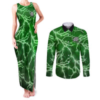 Personalized Darts Lightning Green Storm Couples Matching Tank Maxi Dress and Long Sleeve Button Shirt with Electric Energy Pattern and Dartboard Graphics - Wonder Print Shop