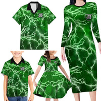 Personalized Darts Lightning Green Storm Family Matching Long Sleeve Bodycon Dress and Hawaiian Shirt with Electric Energy Pattern and Dartboard Graphics - Wonder Print Shop