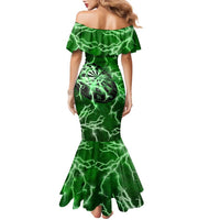 Personalized Darts Lightning Green Storm Family Matching Mermaid Dress and Hawaiian Shirt with Electric Energy Pattern and Dartboard Graphics - Wonder Print Shop