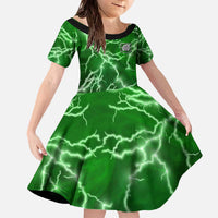 Personalized Darts Lightning Green Storm Family Matching Off The Shoulder Long Sleeve Dress and Hawaiian Shirt with Electric Energy Pattern and Dartboard Graphics - Wonder Print Shop