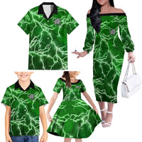 Personalized Darts Lightning Green Storm Family Matching Off The Shoulder Long Sleeve Dress and Hawaiian Shirt with Electric Energy Pattern and Dartboard Graphics - Wonder Print Shop