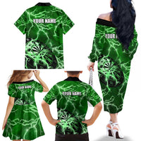 Personalized Darts Lightning Green Storm Family Matching Off The Shoulder Long Sleeve Dress and Hawaiian Shirt with Electric Energy Pattern and Dartboard Graphics - Wonder Print Shop