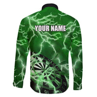 Personalized Darts Lightning Green Storm Family Matching Off The Shoulder Long Sleeve Dress and Hawaiian Shirt with Electric Energy Pattern and Dartboard Graphics - Wonder Print Shop