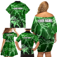 Personalized Darts Lightning Green Storm Family Matching Off Shoulder Short Dress and Hawaiian Shirt with Electric Energy Pattern and Dartboard Graphics - Wonder Print Shop