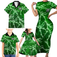 Personalized Darts Lightning Green Storm Family Matching Short Sleeve Bodycon Dress and Hawaiian Shirt with Electric Energy Pattern and Dartboard Graphics - Wonder Print Shop