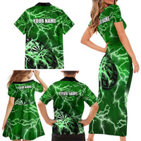 Personalized Darts Lightning Green Storm Family Matching Short Sleeve Bodycon Dress and Hawaiian Shirt with Electric Energy Pattern and Dartboard Graphics - Wonder Print Shop