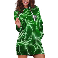 Personalized Darts Lightning Green Storm Hoodie Dress with Electric Energy Pattern and Dartboard Graphics - Wonder Print Shop