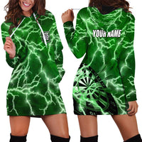 Personalized Darts Lightning Green Storm Hoodie Dress with Electric Energy Pattern and Dartboard Graphics - Wonder Print Shop