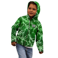 Personalized Darts Lightning Green Storm Kid Hoodie with Electric Energy Pattern and Dartboard Graphics - Wonder Print Shop