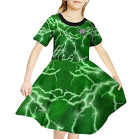 Personalized Darts Lightning Green Storm Kid Short Sleeve Dress with Electric Energy Pattern and Dartboard Graphics - Wonder Print Shop