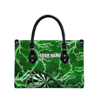 Personalized Darts Lightning Green Storm Leather Bag with Electric Energy Pattern and Dartboard Graphics - Wonder Print Shop