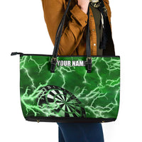 Personalized Darts Lightning Green Storm Leather Tote Bag with Electric Energy Pattern and Dartboard Graphics - Wonder Print Shop