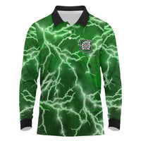Personalized Darts Lightning Green Storm Long Sleeve Polo Shirt with Electric Energy Pattern and Dartboard Graphics - Wonder Print Shop