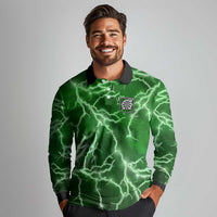 Personalized Darts Lightning Green Storm Long Sleeve Polo Shirt with Electric Energy Pattern and Dartboard Graphics - Wonder Print Shop