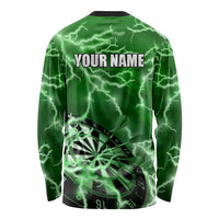 Personalized Darts Lightning Green Storm Long Sleeve Shirt with Electric Energy Pattern and Dartboard Graphics - Wonder Print Shop
