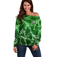 Personalized Darts Lightning Green Storm Off Shoulder Sweater with Electric Energy Pattern and Dartboard Graphics - Wonder Print Shop