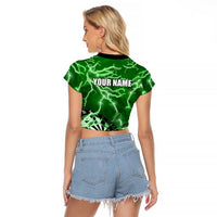 Personalized Darts Lightning Green Storm Raglan Cropped T Shirt with Electric Energy Pattern and Dartboard Graphics - Wonder Print Shop