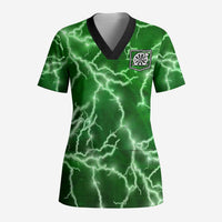 Personalized Darts Lightning Green Storm Scrub Top with Electric Energy Pattern and Dartboard Graphics - Wonder Print Shop