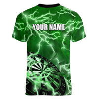 Personalized Darts Lightning Green Storm Women V-Neck T-Shirt with Electric Energy Pattern and Dartboard Graphics - Wonder Print Shop