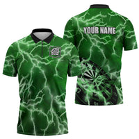 Personalized Darts Lightning Green Storm Zipper Polo Shirt with Electric Energy Pattern and Dartboard Graphics - Wonder Print Shop
