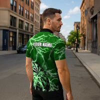 Personalized Darts Lightning Green Storm Zipper Polo Shirt with Electric Energy Pattern and Dartboard Graphics - Wonder Print Shop