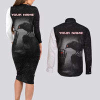 Personalized Raven Billiards Couples Matching Long Sleeve Bodycon Dress and Long Sleeve Button Shirt with Dark Cemetery Scene and Red Eye Crow Artwork - Wonder Print Shop