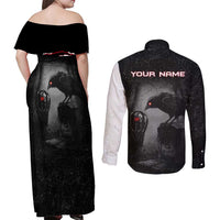 Personalized Raven Billiards Couples Matching Off Shoulder Maxi Dress and Long Sleeve Button Shirt with Dark Cemetery Scene and Red Eye Crow Artwork - Wonder Print Shop