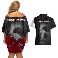 Personalized Raven Billiards Couples Matching Off Shoulder Short Dress and Hawaiian Shirt with Dark Cemetery Scene and Red Eye Crow Artwork - Wonder Print Shop
