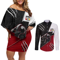 Personalized Raven Billiards Couples Matching Off Shoulder Short Dress and Long Sleeve Button Shirt with Dark Cemetery Scene and Red Eye Crow Artwork - Wonder Print Shop