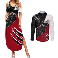 Personalized Raven Billiards Couples Matching Summer Maxi Dress and Long Sleeve Button Shirt with Dark Cemetery Scene and Red Eye Crow Artwork - Wonder Print Shop