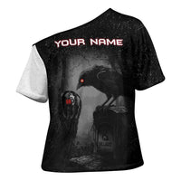 Personalized Raven Billiards Cross Shoulder Shirt with Dark Cemetery Scene and Red Eye Crow Artwork - Wonder Print Shop