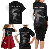 Personalized Raven Billiards Family Matching Long Sleeve Bodycon Dress and Hawaiian Shirt with Dark Cemetery Scene and Red Eye Crow Artwork - Wonder Print Shop
